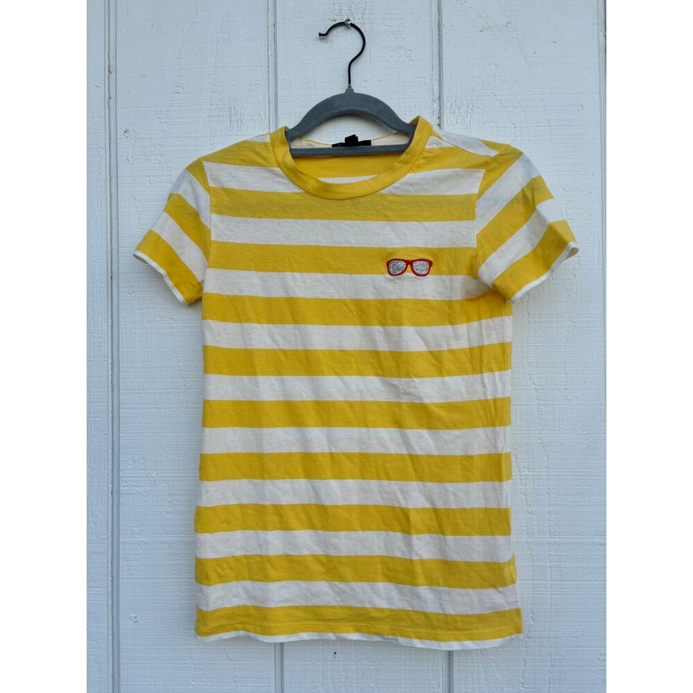 J. Crew Yellow Striped Tee, Glasses‎ Embroidered, Basic, Sz XXS